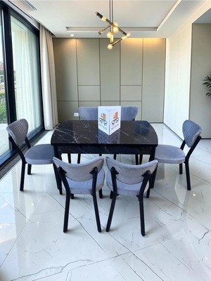 Msy Home Alva 6 Kişilik Yemek Masası Takımı Baby Face Kumaş Siyah Mermer 80X130 cm Mdf Masa Siyah Iskelet Modern ve Şık