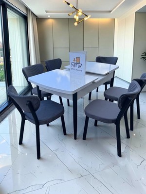 Msy Home Alva 6 Kişilik Yemek Masası Takımı Baby Face Kumaş Beyaz 80X130 cm Mdf Masa Siyah Iskelet Modern ve Şık
