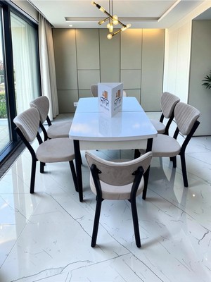 Msy Home Alva 6 Kişilik Yemek Masası Takımı Baby Face Kumaş Beyaz 80X130 cm Mdf Masa Siyah Iskelet Modern ve Şık