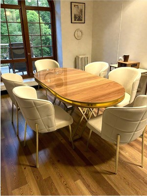 Msy Home 6 Kişilik Serya Ceviz Oval Masa Krom Ayak Yönsüz Kumaş Modern ve Şık Yemek Odası Takımı