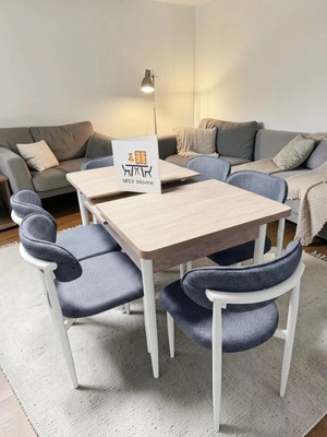 Msy Home 6 Kişilik Lina A.gri Kumaş 80*130 Traverten Açılır Masa Sandalye Seti (Modern Seri)Krem Iskelet