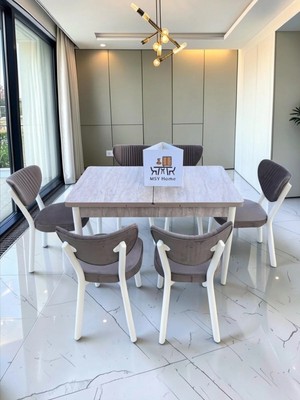 Msy Home Alva 6 Kişilik Yemek Masası Takımı Baby Face Kumaş Traverten 80X130 cm Mdf Masa Beyaz Iskelet Modern ve Şık