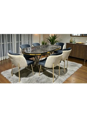 Msy Home 6 Kişilik Aura Gold Serisi Ironi Lake Oval Yemek Masası ve Puffy Füme Sandalye Takımı Modern