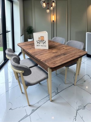 Msy Home 4 Kişilik Lina 80*130 Çam Açılır Masa Sandalye Seti (Modern Seri)Krem Iskelet