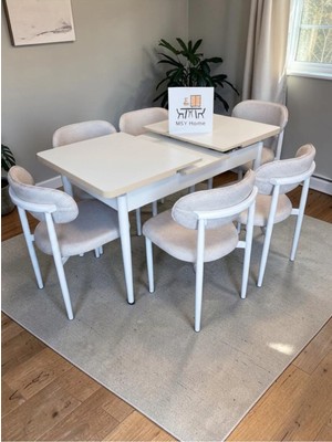 Msy Home 6 Adet Lina Krem Kumaş 80*130 Beyaz Açılır Masa Sandalye Seti (Modern Seri)Beyaz Iskelet