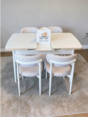 Msy Home 4 Kişilik Lina Krem Kumaş 80*130 Beyaz Açılır Masa Sandalye Seti (Modern Seri)Beyaz Iskelet