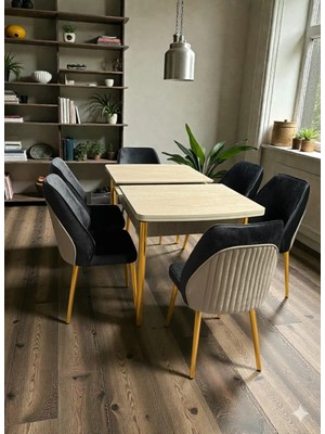Msy Home 6 Kişilik Ay Serisi Gold Kelebek Traverten Kelebek Yemek Masası Takımı