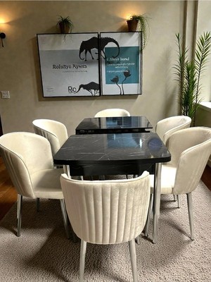 Msy Home 6 Kişilik Exclusive Kelebek Black Marble Krom Ayaklı Modern Yemek Odası Grubu