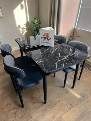 Msy Home 4 Kişilik Lina Antrasit Kumaş 80*130 Siyah Mermer Açılır Masa Sandalye Seti (Modern Seri) Siyah Iskelet