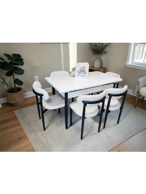 Msy Home 4 Kişilik Lina Beyaz Kumaş 80*130 Beyaz Açılır Masa Sandalye Seti (Modern Seri)Siyah Iskelet