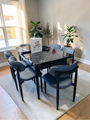 Msy Home 6 Kişilik Lina 80*130 Siyah Mermer Açılır Masa Sandalye Seti (Modern Seri) Siyah Iskelet