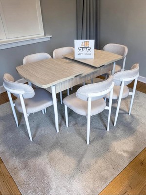 Msy Home 6 Kişilik Lina Krem Kumaş 80*130 Traverten Açılır Masa Sandalye Seti (Modern Seri)Beyaz Iskelet