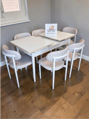 Msy Home 6 Kişilik Lina Krem Kumaş 80*130 Beyaz Açılır Masa Sandalye Seti (Modern Seri)Krem Iskelet