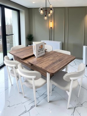 Msy Home 6 Kişilik Lina Beyaz Kumaş 80*130 Antik Çam Açılır Masa Sandalye Seti (Modern Seri)Beyaz Iskelet