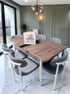 Msy Home 6 Kişilik Lina A.gri 80*130 Antik Çam Açılır Masa Sandalye Seti (Modern Seri)Beyaz Iskelet