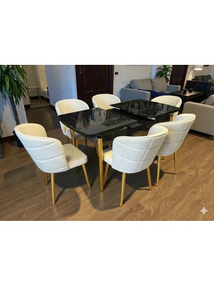 Msy Home 6 Kişilik Exclusive Kelebek Black Marble Gold Ayaklı Modern Yemek Odası Grubu