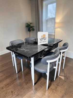 Msy Home 4 Kişilik Lina Antrasit Kumaş 80*130 Siyah Mermer Açılır Masa Sandalye Seti (Modern Seri)Beyaz Iskelet