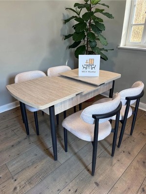 Msy Home 4 Kişilik Krem Lina 80*130 Traverten Açılır Kelebek Masa Sandalye Seti (Modern Seri)