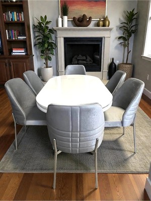 Msy Home 6 Kişilik Monaco Stil Krom Çizgili Gri Yönsüz Kumaş Beyaz Oval Masa Modern Yemek Odası Seti