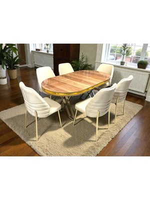 Msy Home 6 Kişilik Monaco Stil Gold Çizgili Yönsüz Kumaş Modern Yemek Odası Seti