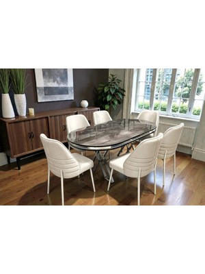 Msy Home 6 Kişilik Monaco Stil Krom Çizgili Krem Kumaş Ironi Oval Masa Modern Yemek Odası Seti