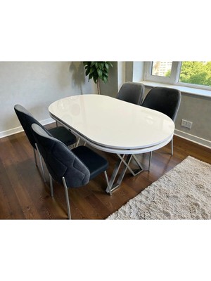 Msy Home 4 Kişilik Naz Serisi Beyaz Masa Yönsüz Kumaş Lüks ve Modern Yemek Odası Takımı