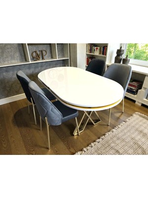 Msy Home 4 Kişilik Naz Serisi Beyaz Masa Yönsüz Kumaş Lüks ve Modern Yemek Odası Takımı