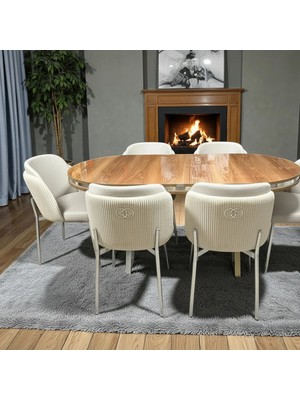 Msy Home 6 Kişilik Aura Krom Serisi Ceviz Lake Oval Yemek Masası ve Puffy Krem Sandalye Takımı Modern
