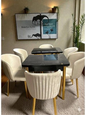Msy Home 6 Kişilik Exclusive Kelebek Black Marble Gold Ayaklı Modern Yemek Odası Grubu