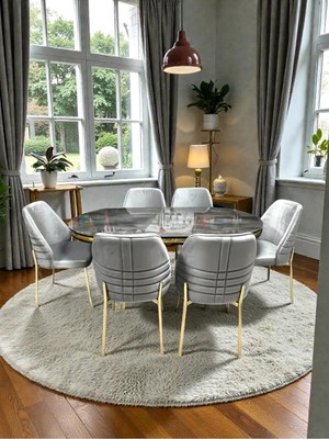 Msy Home 6 Kişilik Monaco Stil Gold Çizgili Gri Yönsüz Kumaş Ironi Oval Masa Modern Yemek Odası Seti