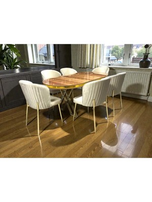 Msy Home 6 Kişilik Berya Ceviz Oval Masa Krom Ayak Yönsüz Kumaş Modern ve Şık Yemek Odası Takımı