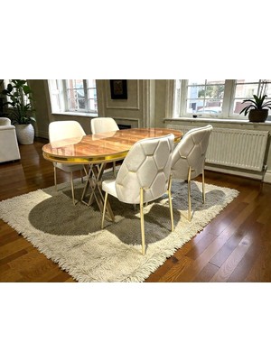 Msy Home 4 Kişilik Ada Gold Serisi Ceviz Masa Yönsüz Kumaş Lüks ve Modern Yemek Odası Takımı
