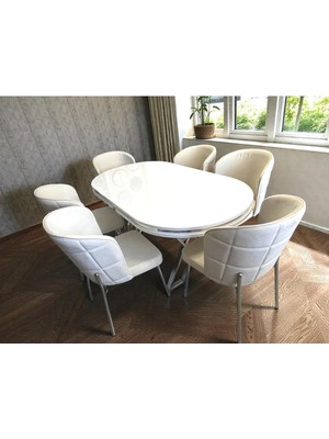 Msy Home 6 Kişilik Serya Beyaz Oval Masa Krom Ayak Yönsüz Kumaş Modern ve Şık Yemek Odası Takımı