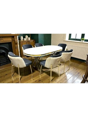 Msy Home 6 Kişilik Aura Gold Serisi Beyaz Lake Oval Yemek Masası ve Puffy Antrasit Sandalye Takımı Modern