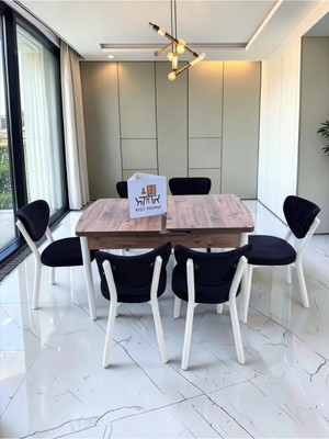 Msy Home Alva 6 Kişilik Yemek Masası Takımı Baby Face Kumaş Çam 80X130 cm Mdf Masa Beyaz Iskelet Modern ve Şık