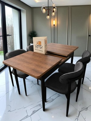 Msy Home 4 Kişilik Lina Antrasit Kumaş 80*130 Antik Çam Açılır Masa Sandalye Seti (Modern Seri) Siyah Iskelet
