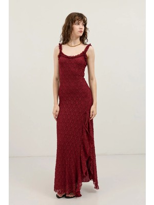 Antioch Bordo Dantelli Midi Elbise
