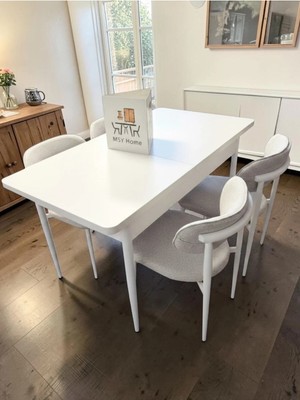 Msy Home 4 Kişilik Lina Beyaz Kumaş 80*130 Beyaz Açılır Masa Sandalye Seti (Modern Seri)Beyaz Iskelet