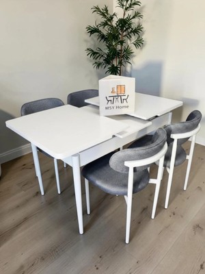 Msy Home 4 Kişilik Lina Antrasit Kumaş 80*130 Beyaz Açılır Masa Sandalye Seti (Modern Seri)Beyaz Iskelet