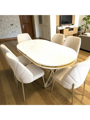 Msy Home Nova White Gold Beyaz Masa Krem Renk Modern ve Şık Yemek Masası Takımı