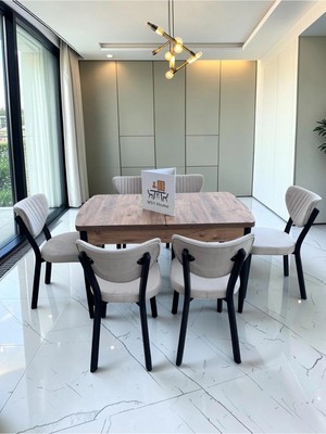 Msy Home Alva 6 Kişilik Yemek Masası Takımı Baby Face Kumaş Çam 80X130 cm Mdf Masa Siyah Iskelet Modern ve Şık