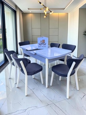 Msy Home Alva 6 Kişilik Yemek Masası Takımı Baby Face Kumaş Beyaz 80X130 cm Mdf Masa Beyaz Iskelet Modern ve Şık