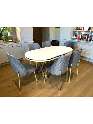 Msy Home 6 Kişilik Naz Serisi Beyaz Masa Yönsüz Kumaş Lüks ve Modern Yemek Odası Takımı