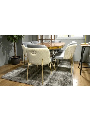 Msy Home 6 Kişilik Aura Gold Serisi Ceviz Lake Oval Yemek Masası ve Puffy Açık Gri Sandalye Takımı Modern