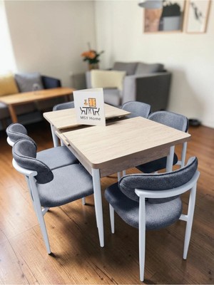 Msy Home 6 Kişilik Lina A.gri Kumaş 80*130 Traverten Açılır Masa Sandalye Seti (Modern Seri)Beyaz Iskelet