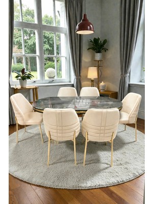 Msy Home 6 Kişilik Monaco Stil Gold Çizgili Krem Kumaş Ironi Oval Masa Modern Yemek Odası Seti