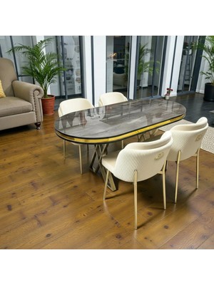 Msy Home 4 Kişilik Aura Gold Serisi Ironi Lake Oval Yemek Masası ve Puffy Krem Sandalye Takımı Modern