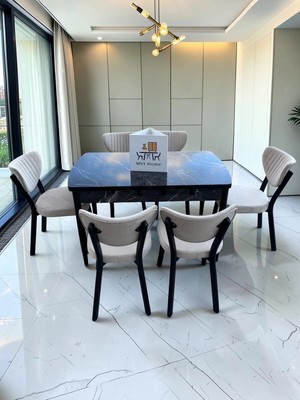 Msy Home Alva 6 Kişilik Yemek Masası Takımı Baby Face Kumaş Siyah Mermer 80X130 cm Mdf Masa Siyah Iskelet Modern ve Şık