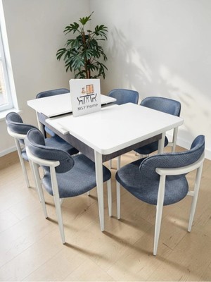 Msy Home 6 Kişilik Lina Antrasit Kumaş 80*130 Beyaz Açılır Masa Sandalye Seti (Modern Seri)Krem Iskelet