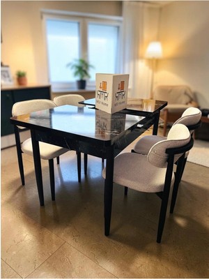 Msy Home 4 Kişilik Lina Beyaz Kumaş 80*130 Siyah Mermer Açılır Masa Sandalye Seti (Modern Seri) Siyah Iskelet